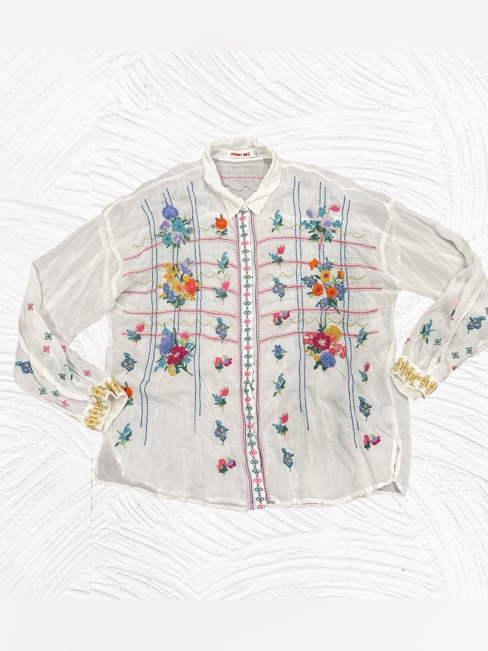 Johnny Was Renn Blouse Medium White Heavy embroidery Floral Long‎ Sleeve Rayon